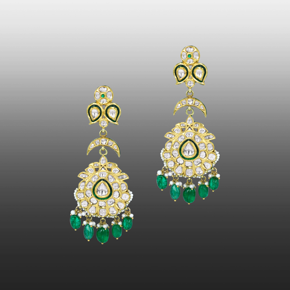 Polki Earrings with Green Enamel, Pearl Beads and Emerald Drops